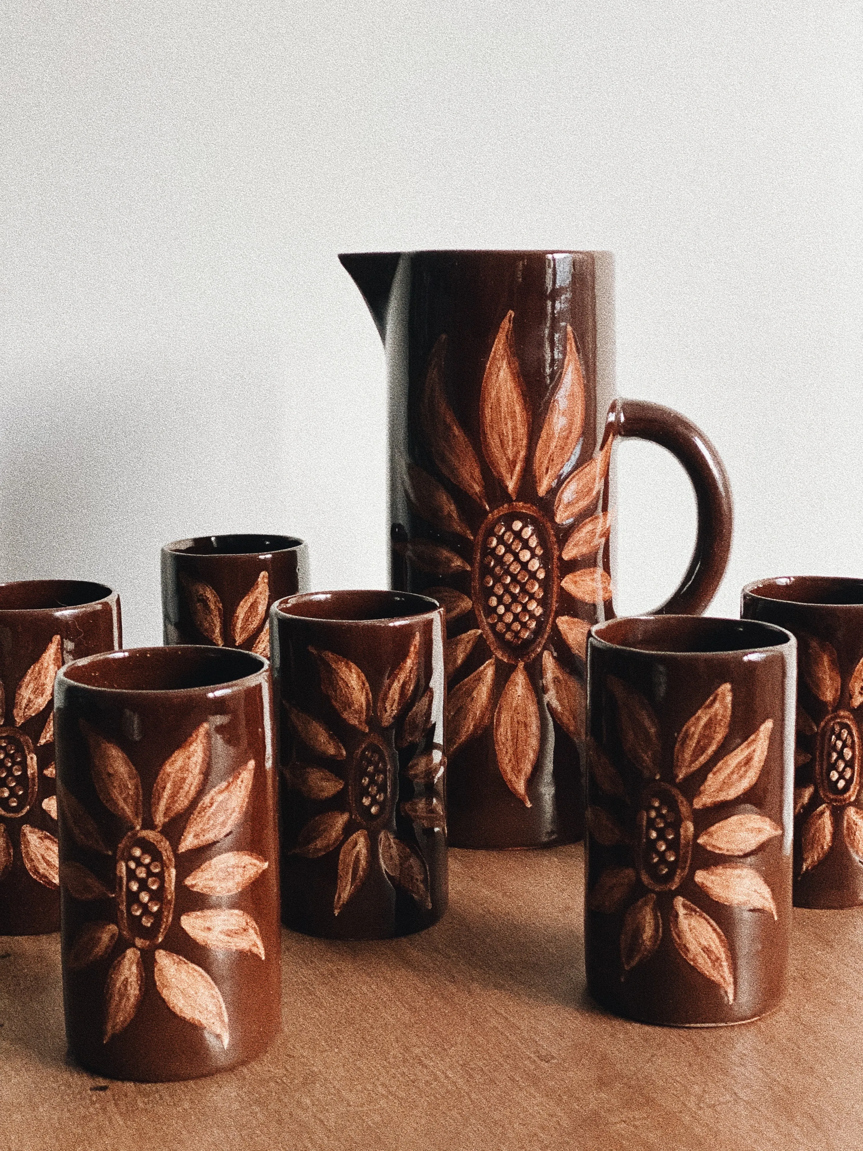 Made in Poland / zestaw 6 kubków + dzbanek / Ceramika vintage